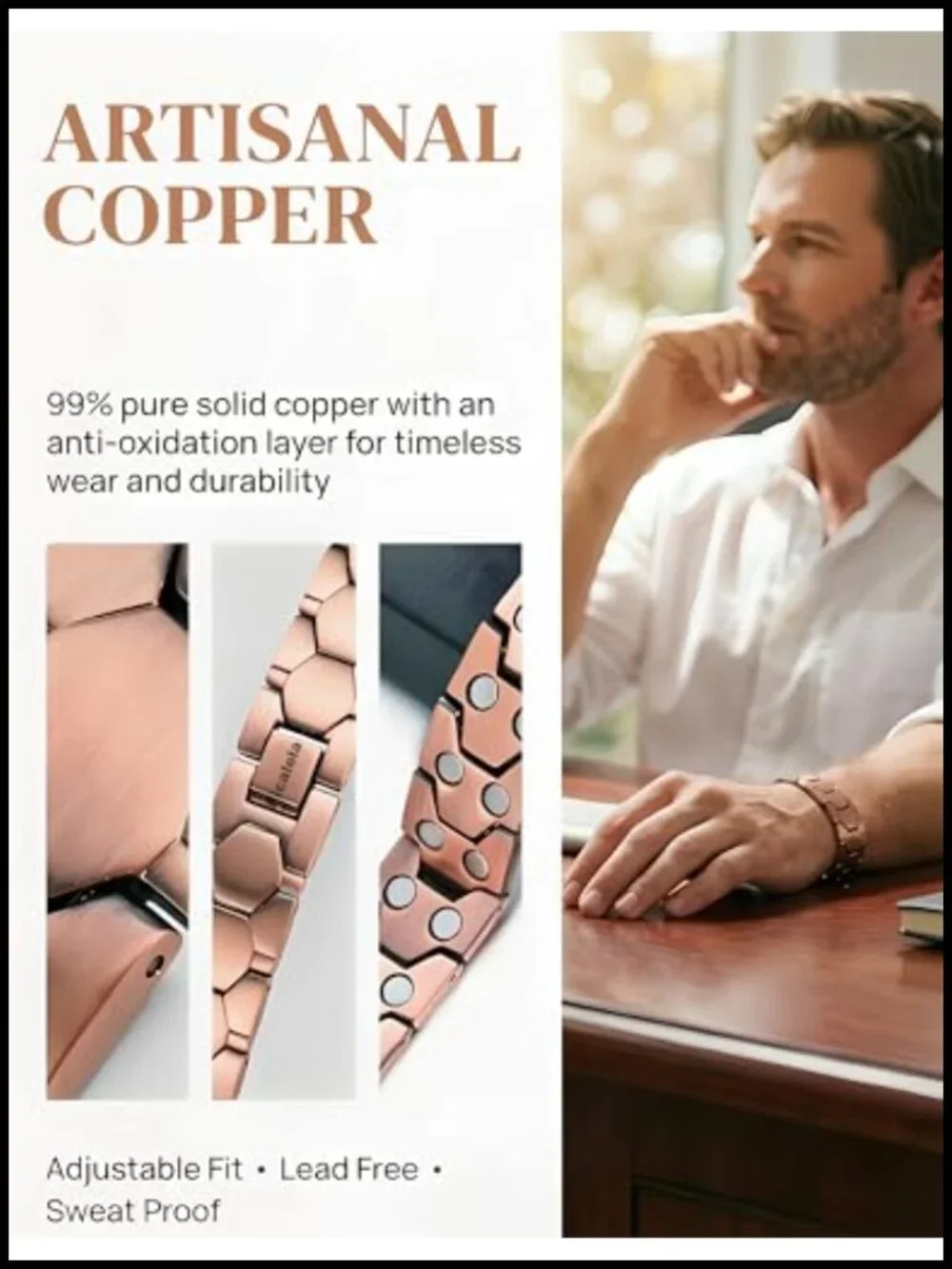 Hexagon-Stitched Retro Copper Magnet Bracelet with Double-Row Magnets
